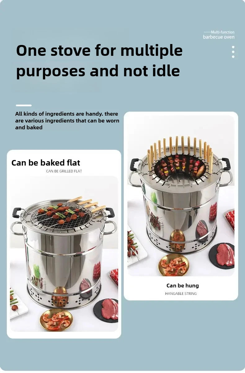 Smokeless Barrel BBQ Grill, Charcoal Rotisserie for Home, Commercial, Outdoor Meat Skewer, Portable Roaster