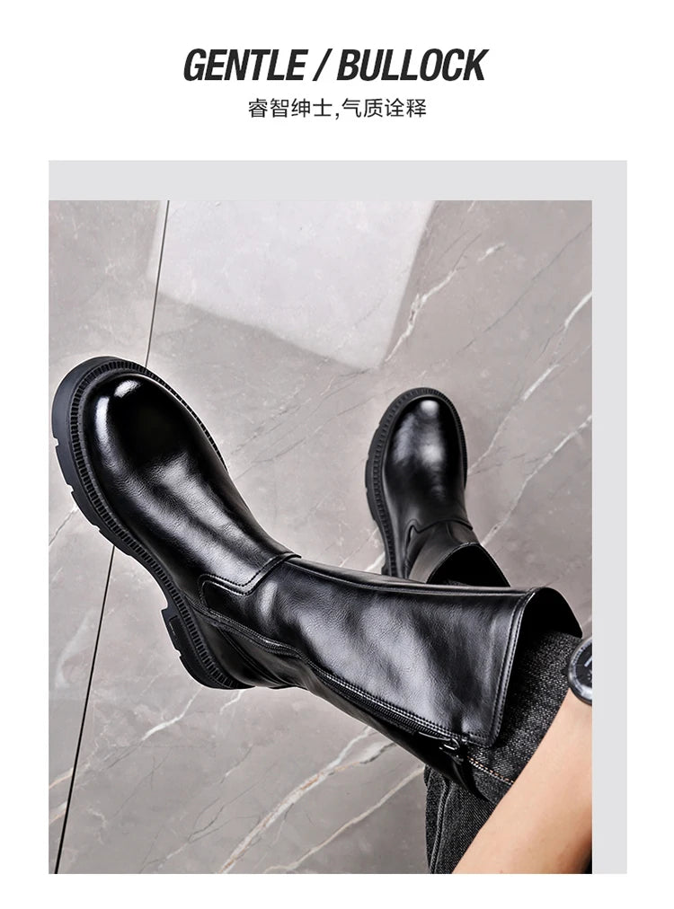 Tall Boots for Men Made of Leather with Increased Height and Soft Sole Western Cowboy Plush Insulation Knight Ankle Riding