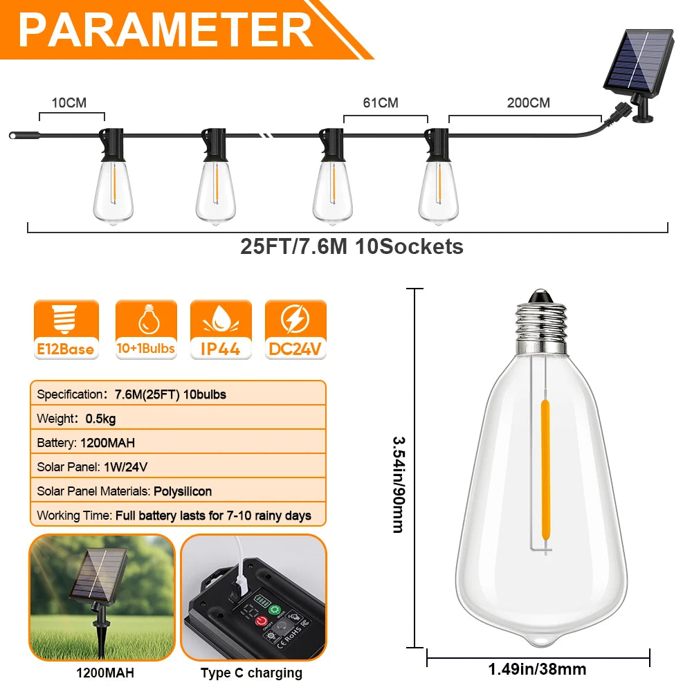 ST38 LED Solar String Light Dimmable Outdoor Shatterproof Garden Solar Powered String Lights with Remote Bistro Cafe Camping Dec