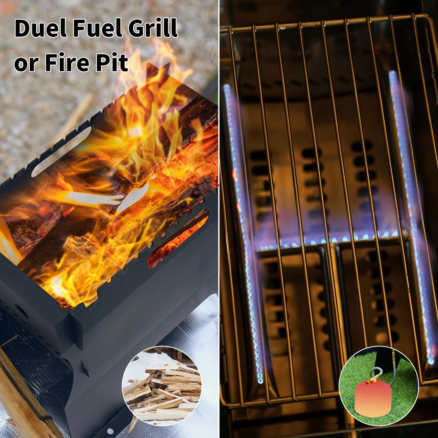 2-in-1 Charcoal Grill & Gas Grill, Small Metal Camping Grill Portable Fire Pit Table Grill with Stainless Steel Grate