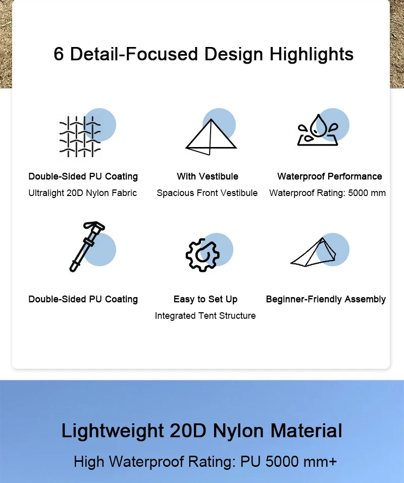 EMER 2 Person 1 Person Outdoor Ultralight Camping Tent 4 Season Professional 20D Silnylon Rodless Tent Hiking Portable Tent