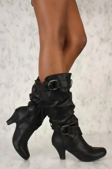 Sexy Women's Boots Mid Calf New Fashion Casual Boot 3CM Square Heel Metal Decoration Belt Buckle Evening Dress Pumps Women Shoes