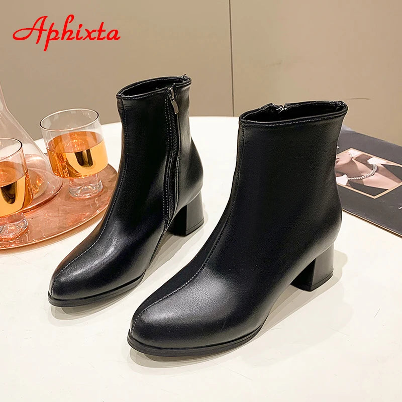 Aphixta 2023 Winter Side Zipper Shoes Women Boots 5cm Square Heel Ankle Boots Brown Botines Mujer Ladies Big Size Shoes