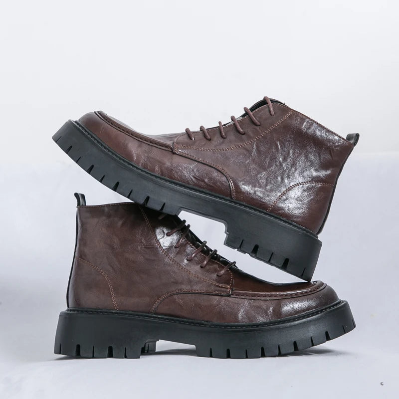 Fashion Men's Genuine Leather Casual Shoes Classic Outdoor Workwear Shoes Men's Motorcycle Boots Handsome Height Increasing