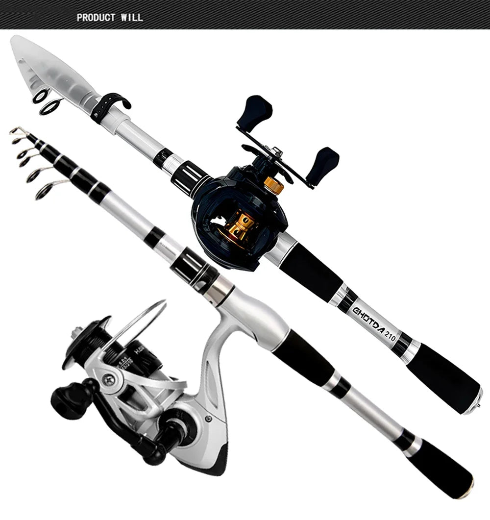 GHOTDA 1.5M-2.4M Telescopic Fishing Rod and Reel Full Kits Carbon Fiber Lure Pole and 2000-4000 Baitcasting Reel for Bass Pesca