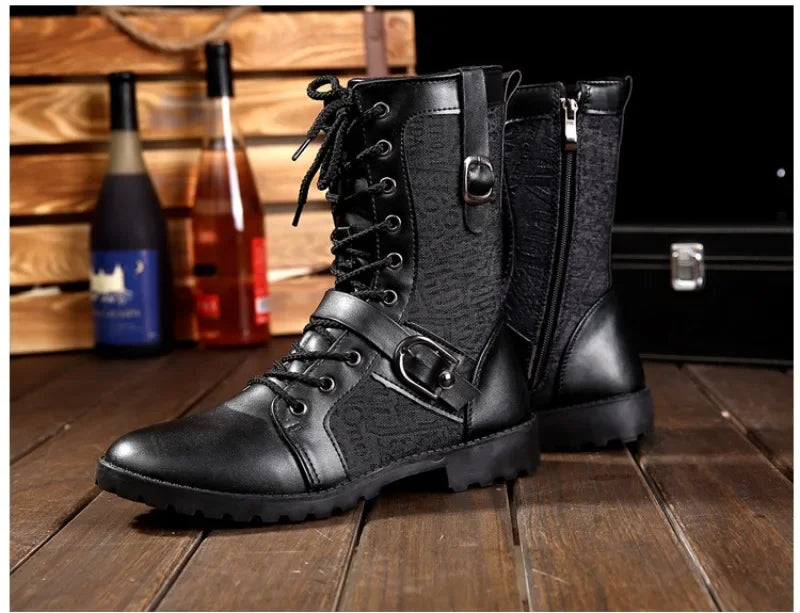 2025New Men Boots Fashion Mid-calf Boots Trend Motorcycle Boot High Top Casual Boots for Men Plush Warm Winter Boot Botas Hombre