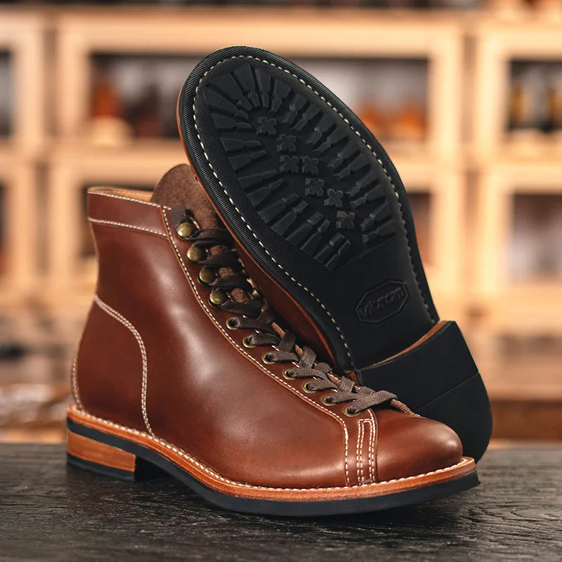 Cowhide High Top Motorcycle Boots Vintage Men Moto Ankle Boots Motocross Thick Soled Riding Boots Walking Shoes Moto Equipment