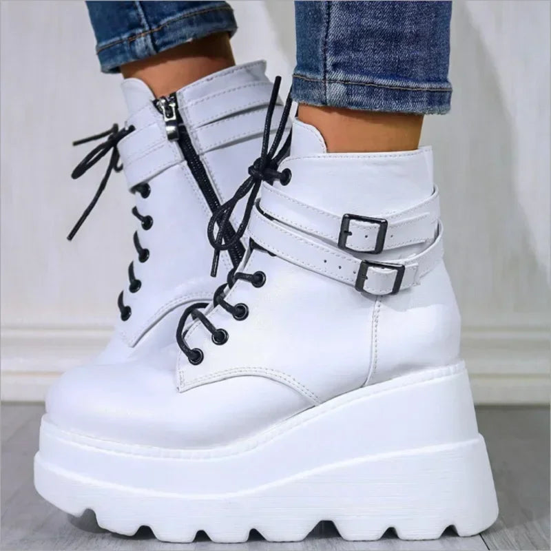 2025 Autumn/Winter New Large Sponge Cake Thick Bottom Colorful High Heels Buckle Strap Women's Short Boots