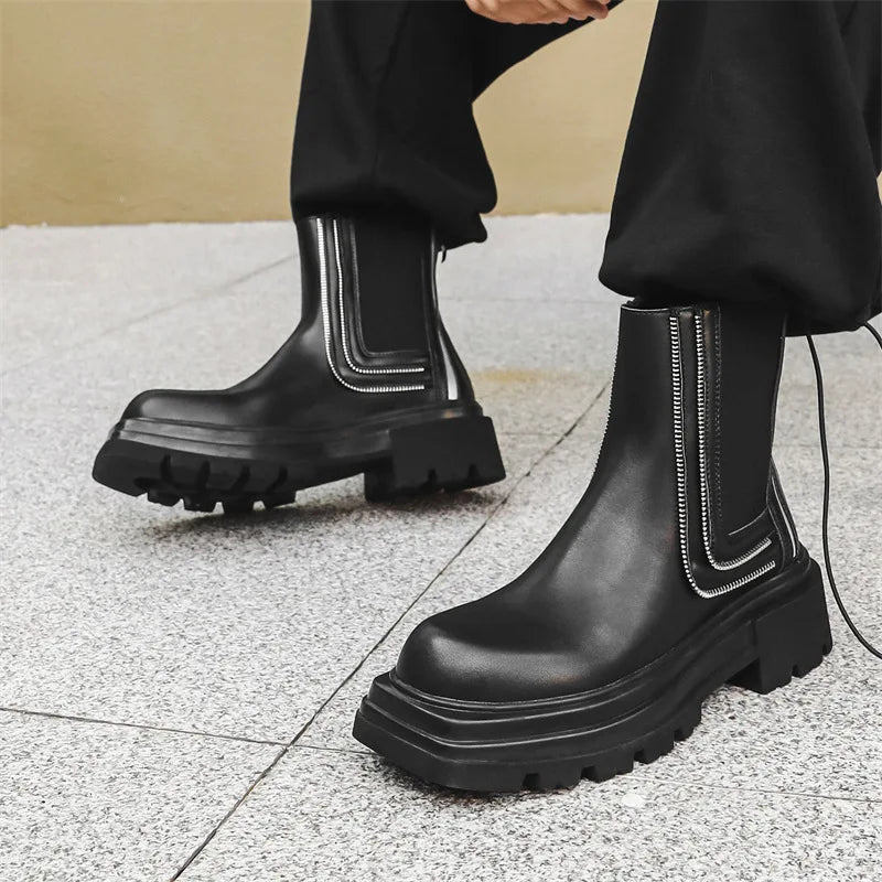 men's fashion punk rock high chelsea boots designer platform shoes cowboy original leather boot square toe long motorcycle botas