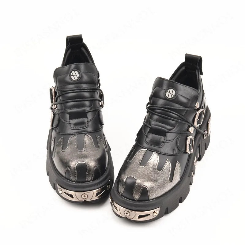New Men's Gothic Skull Boots Black Women Shoes Designer Punk Metal Platform Walking Sneakers Skeleton Metal Buckles Ankle Boots