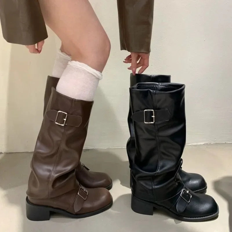 Woman Boots Knee High Platform Chunky Heels Trend Punk Gothic New Rock Leather Fashion Women's Shoes Motorcycle Footwear