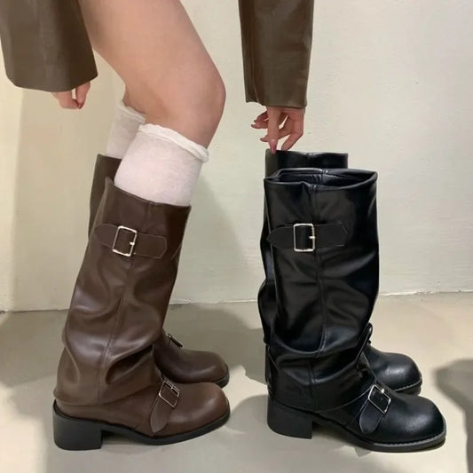 Woman Boots Knee High Platform Chunky Heels Trend Punk Gothic New Rock Leather Fashion Women's Shoes Motorcycle Footwear