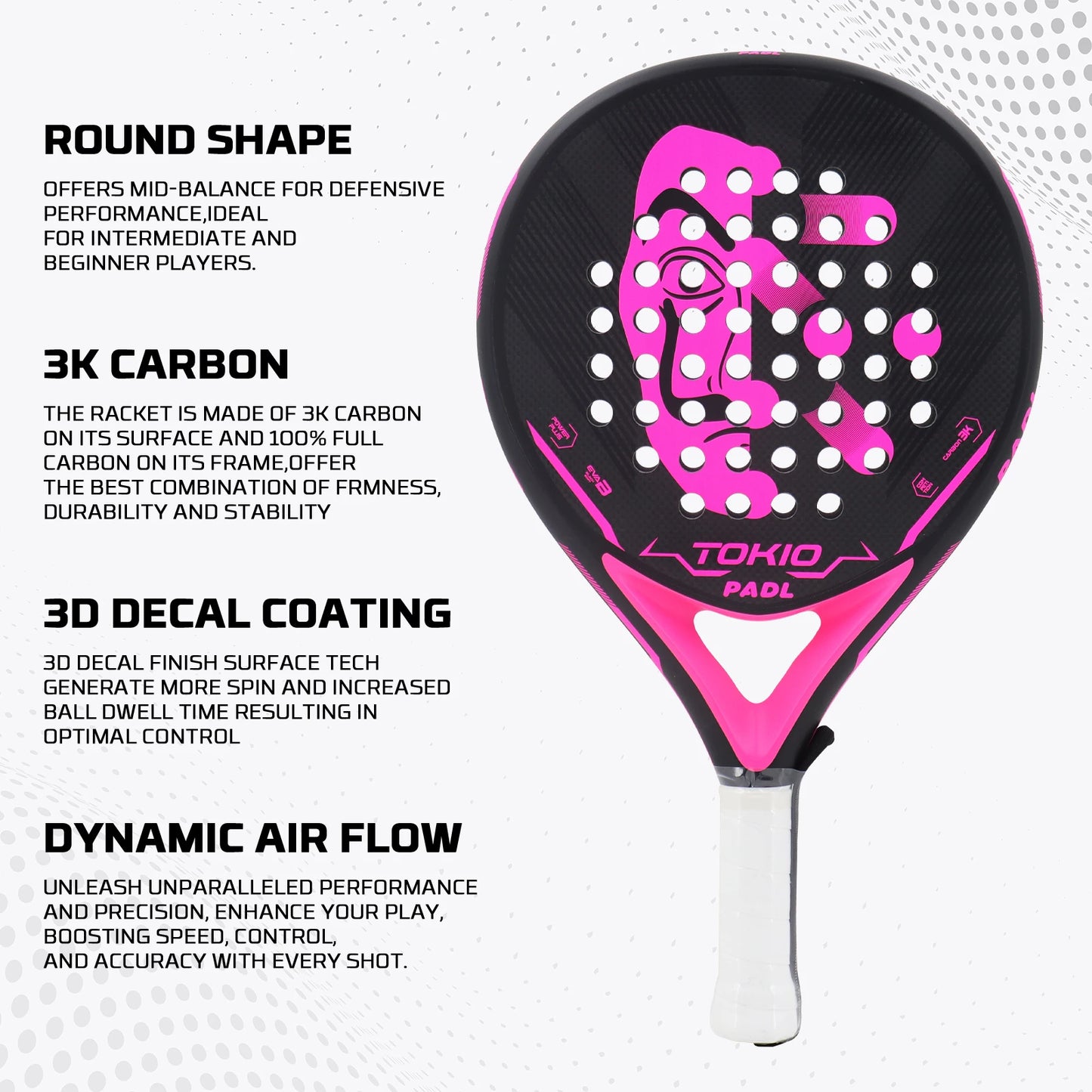 Padel Tennis Racket 3KCarbon Padel  Racket With EVA Memory for Men Women Tennis Racquet Paddle Round Shape Dynamic Air Flow