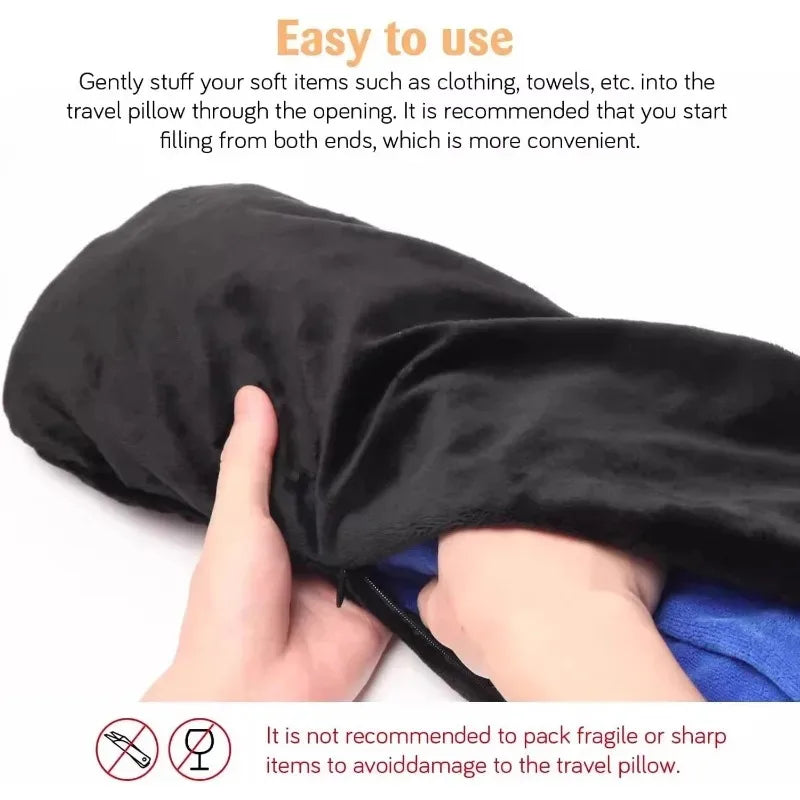 Travel Neck Pillow with Fillable Clothing U-Shaped Pillowcase, Extra Storage Bag, Velvet Neck Pillow Cover for Airplane Travel