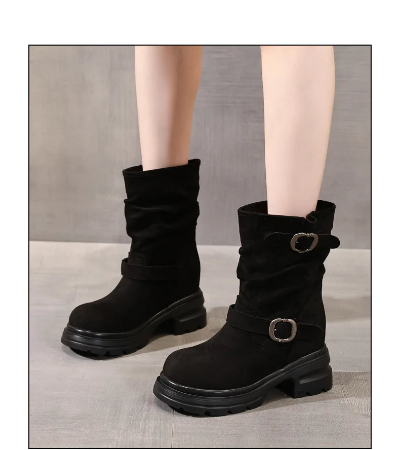 Fujin 9cm Leather Women’s Platform Ankle Boots Booties, Chunky Motorcycle Style Casual Streetwear Fall Winter Fashion Shoes