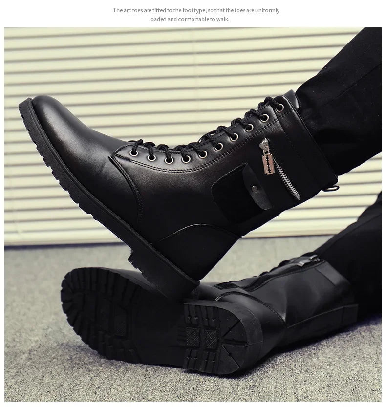 PU Leather Men Motorcycle Boots Men's Riding Hunting Walking Shoes Autumn Winter Mid-Calf Boots High Top Boots