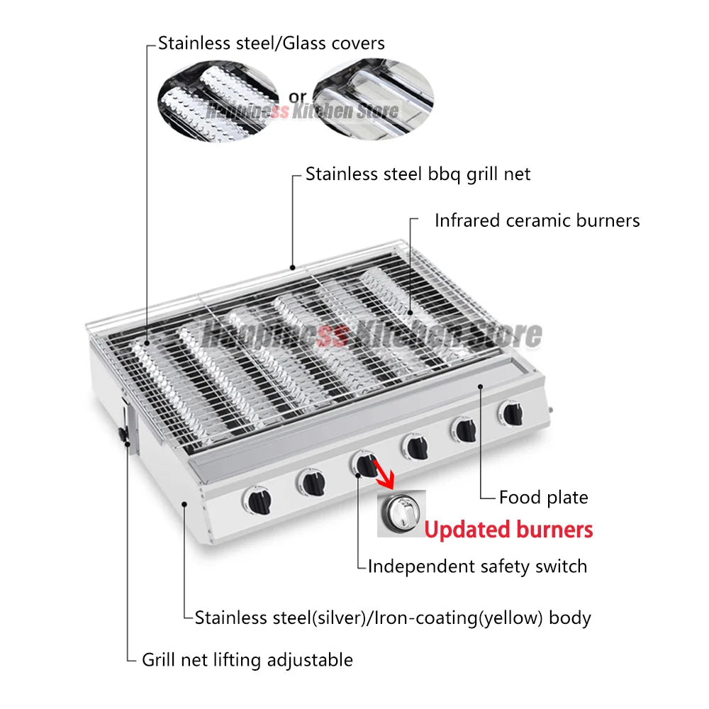 2/3/4 Burners BBQ Grill LPG Gas Grill Gas Stoves Stainless Steel Burners With Glass Covers Outdoors Camping Barbecue
