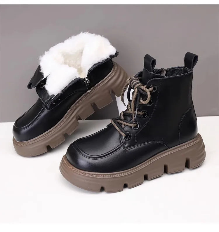 Women's Boots Winter New Fur Snow Boots Platform Plush Comfortable Anti Slip Warm Lace Up Cold Proof Cotton Ankle Boots Women