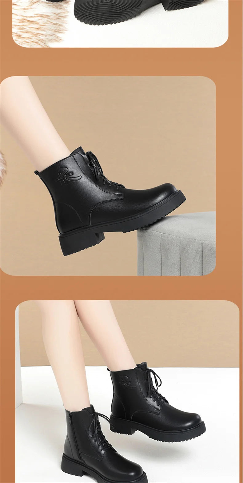 Women Winter Warm Velvet Ankle Boots Lace up Soft Leather Thick Bottom New Fashion Anti-slip Motorcycle Short Boots