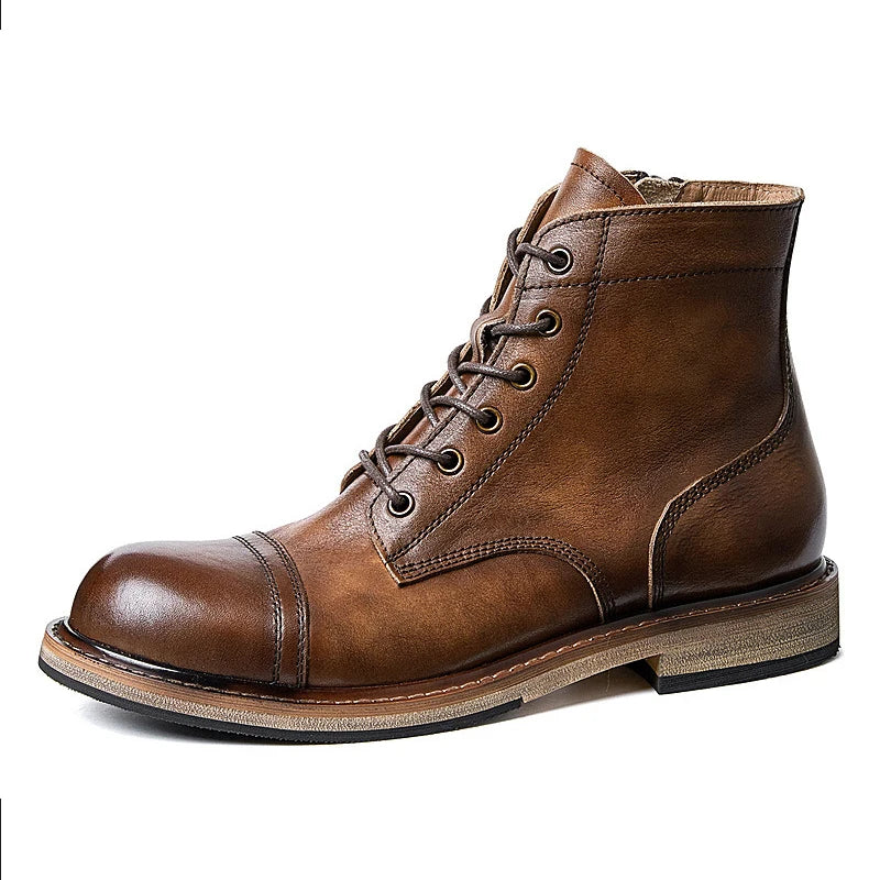 EU Size 38-44 Motorcycle Boots Men Cowhide Motorbike Ankle Boots Thick Soled High Top Western Work Boots Fashion Leather Shoes