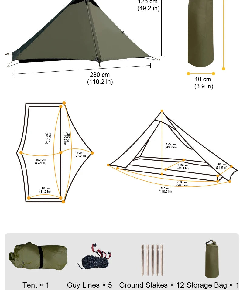 EMER 2 Person 1 Person Outdoor Ultralight Camping Tent 4 Season Professional 20D Silnylon Rodless Tent Hiking Portable Tent