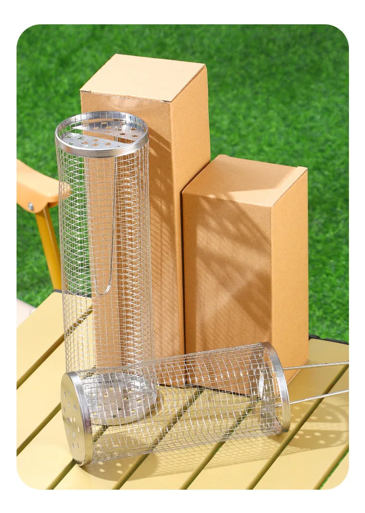 304 Stainless Steel Barbecue Cylindrical Mesh Grill Basket, Picnic Barbecue Supplies, Smoked Barbecue Rolling Cylinder