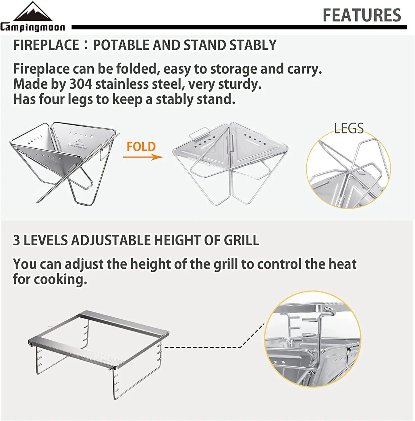 CAMPINGMOON Outdoor Woodland Backyard Garden Maximum Size  Folding Stove Stainless Steel Charcoal Bbq Grill Fire Pit Roast