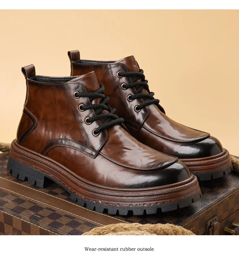 Outdoor Men High Top Leather Shoes Classic Black Leather Boots Motorcycle Breathable Riding Mid-calf Ankle Boots Warm Work Shoes