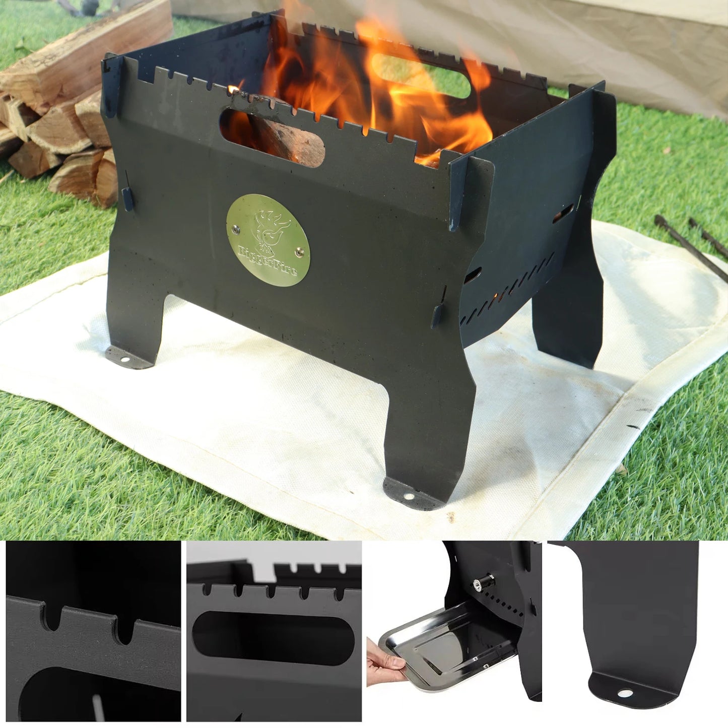 2-in-1 Charcoal Grill & Gas Grill, Small Metal Camping Grill Portable Fire Pit Table Grill with Stainless Steel Grate