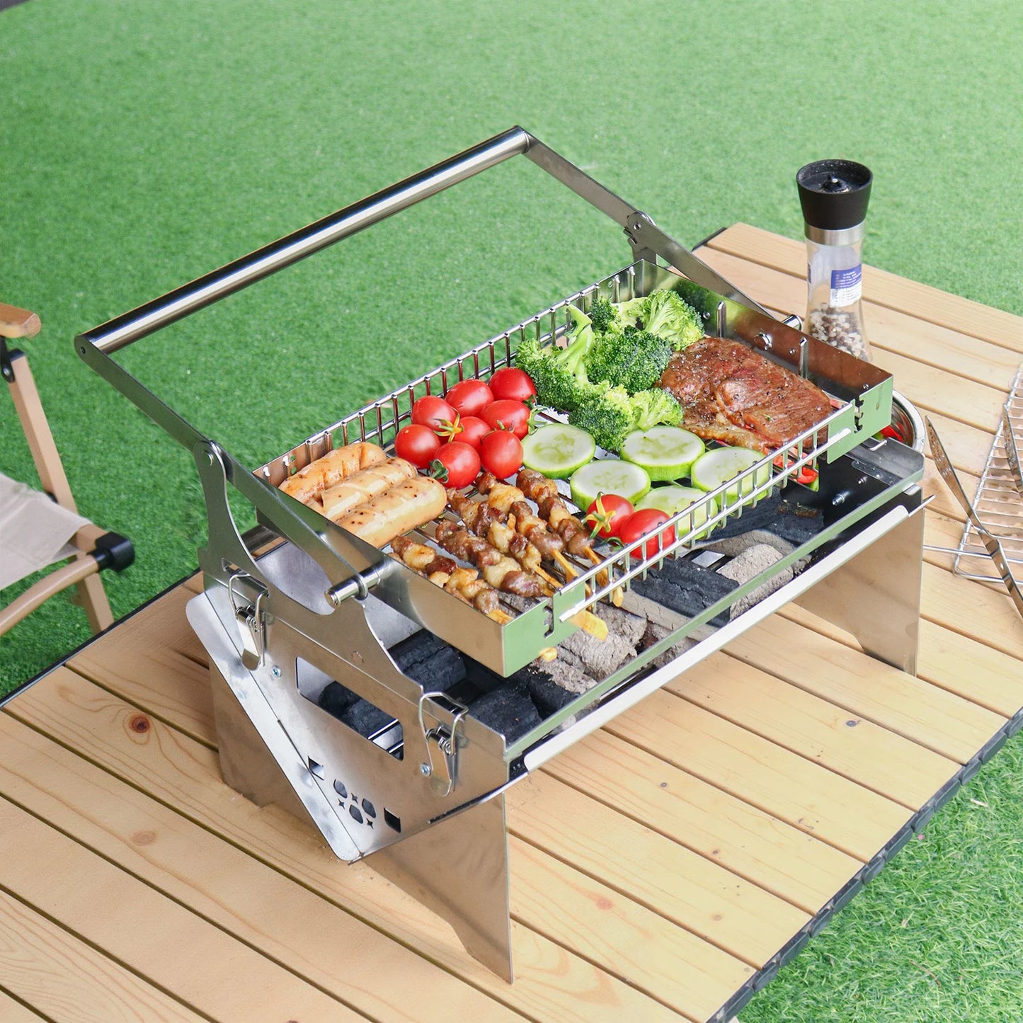 New Upgrad Stainless Steel Grill Portable 360°Rotating Charcoal Grill with Flipping Basket