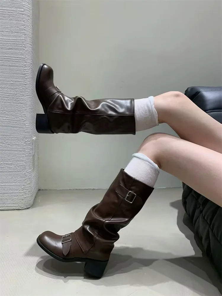 Rock Women Boots Punk Ladies Shoes Women Buckle Knight Boots Motorcycles Boots Woman Slip-On Thick Heel Riding Botas Mujer 2024