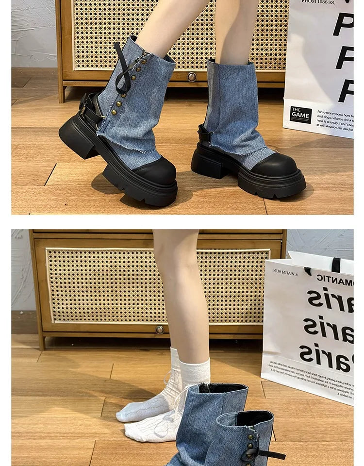 Fall Student Fashion Ankle Boots New Canvas Cowboy Shoes Women's Outdoor Platform Boots Luxury Designer Brand Motorcycle Boots