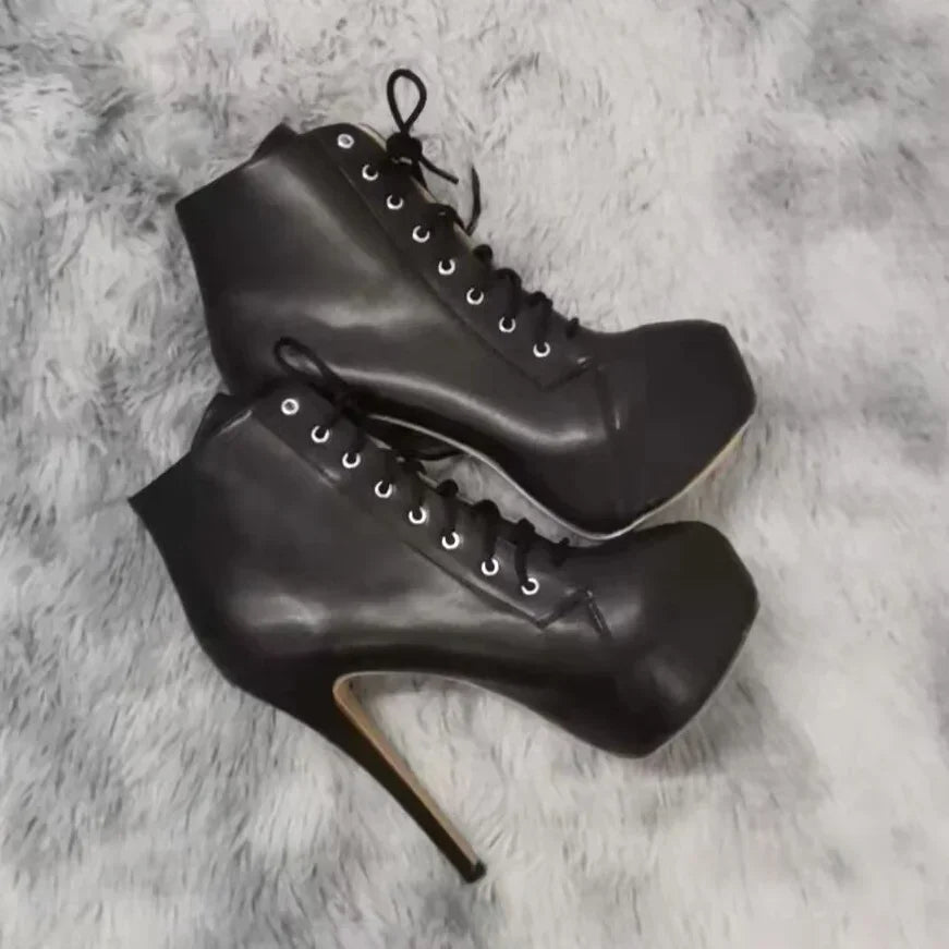 Women Ankle Boots Autumn Winter Sexy Round Toe Pole Dance High Heels Pumps Fashion Zip Lace-Up Chelsea Shoes Female Big Size 43