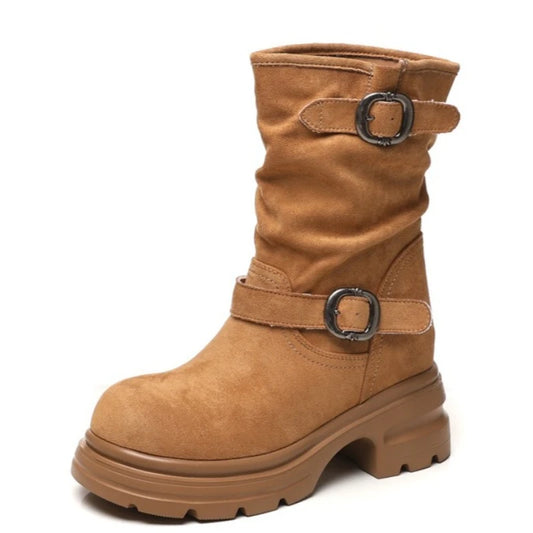 Fujin 9cm Leather Women’s Platform Ankle Boots Booties, Chunky Motorcycle Style Casual Streetwear Fall Winter Fashion Shoes