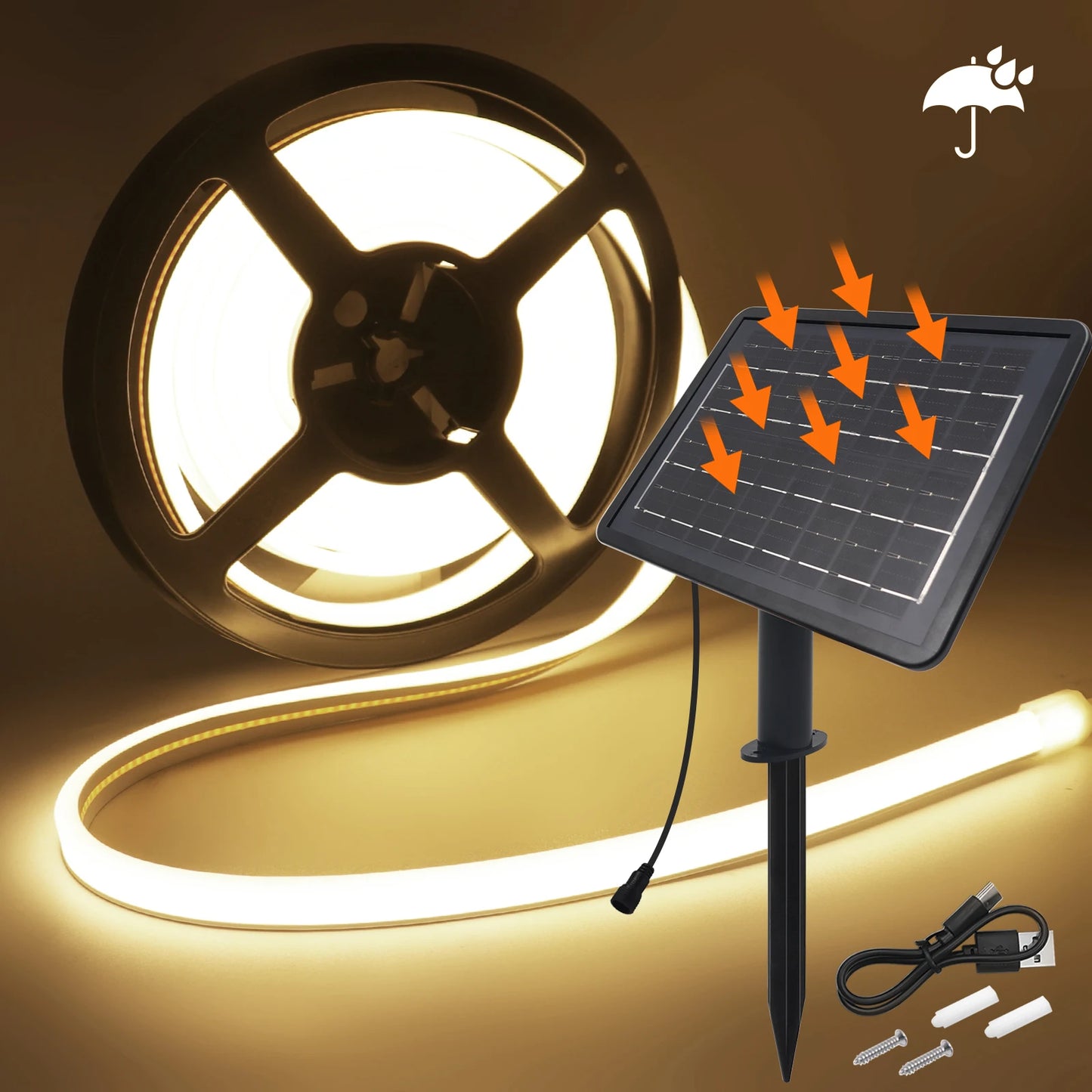 24V Solar Powered COB LED Strip Light Double Side Glow 320 LEDs/m Waterproof Flexible Neon Tape Indoor Outdoor Linear Lighting