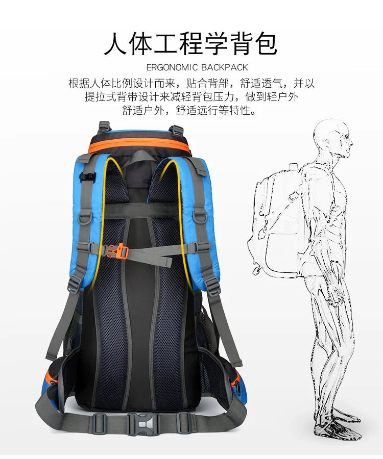 2025 cross-border outdoor hiking bag shoulder hiking sports bag waterproof bag backpack large capacity polyester backpack a001