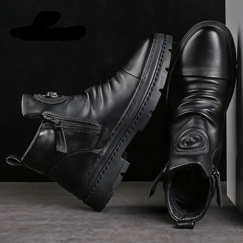 Luxury Men's Ankle Boots New High Top Men Shoes Motorcycle Leather Boots Zipper Retro Men's Boots Casual Shoes Bota Masculina