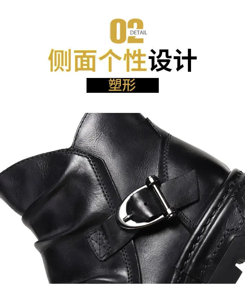 2025 Retro Men's Motorcycle Leather Boots British Style Round Head High Top Shoes Casual Platform Boots Moto Street Gear