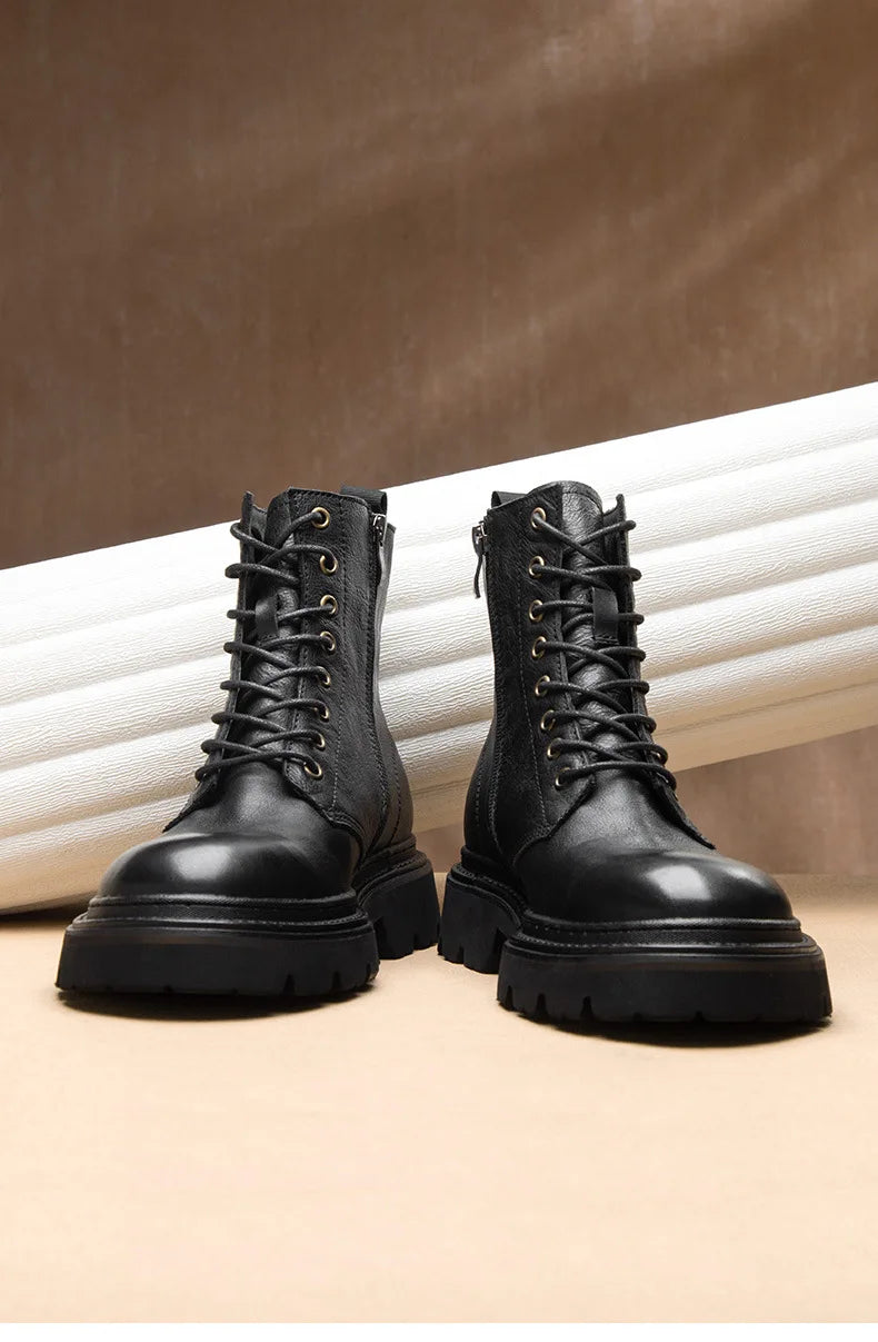 Motorcycle Boots Men Genuine Leather Retro Motorbike Ankle Boots Thick Soled Wear Resistant High Top Cowhide Shoes EU 38-44