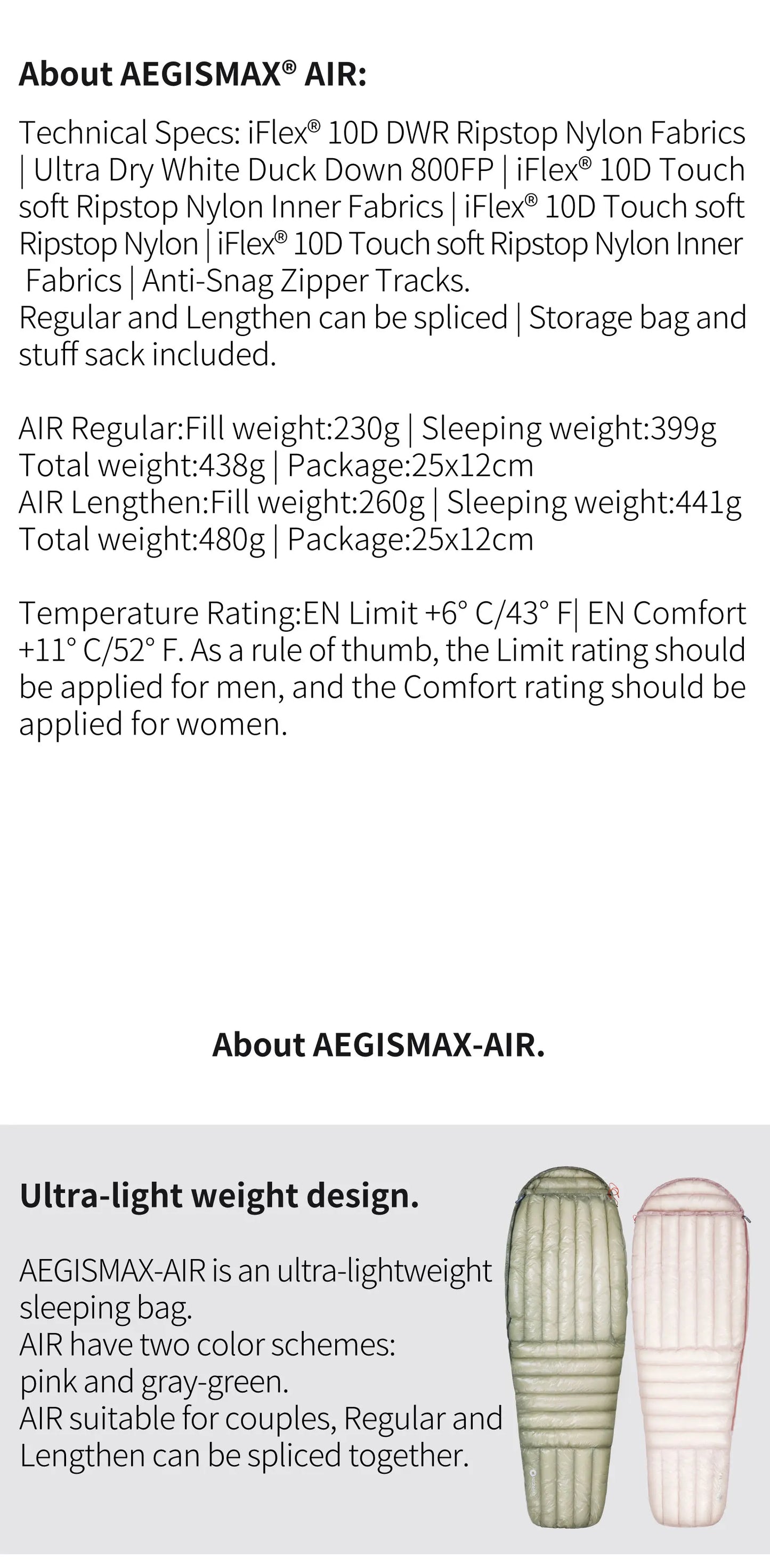 AEGISMAX AIR 10D 800FP Ultra Dry Down Sleeping Bag Ultralight Camping Hiking Tourist Outdoor Nylon Bag Duck Down