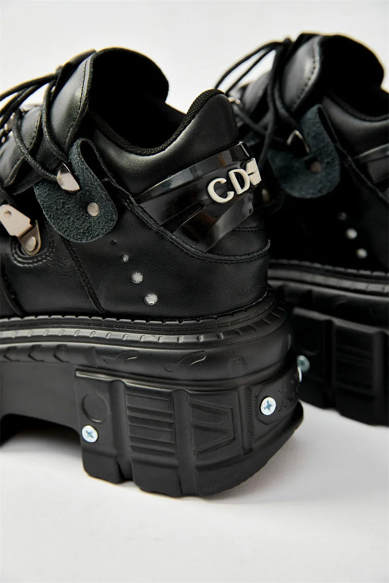 2025 New Punk Style Women Black Rock Metal Decor Lace-up Heel Height Platform Shoes Gothic Man Sneakers Women Ankle Boots