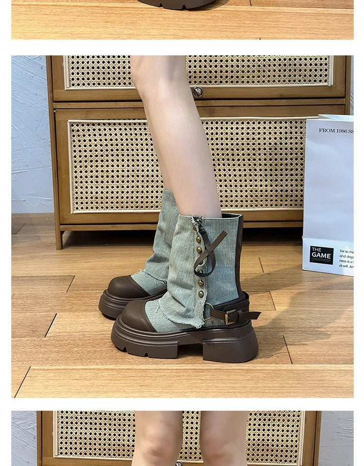 Fall Student Fashion Ankle Boots New Canvas Cowboy Shoes Women's Outdoor Platform Boots Luxury Designer Brand Motorcycle Boots