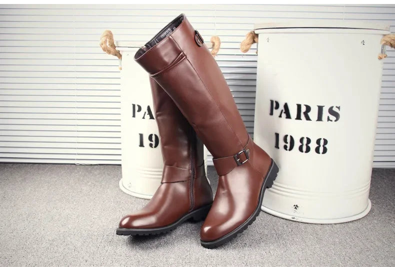 Pop British Mens Black Leather Knee High Boots Desiger Zip Long Motorcycle Shoes Antique Cosplay Stage Botas Casual Comfort Zapa