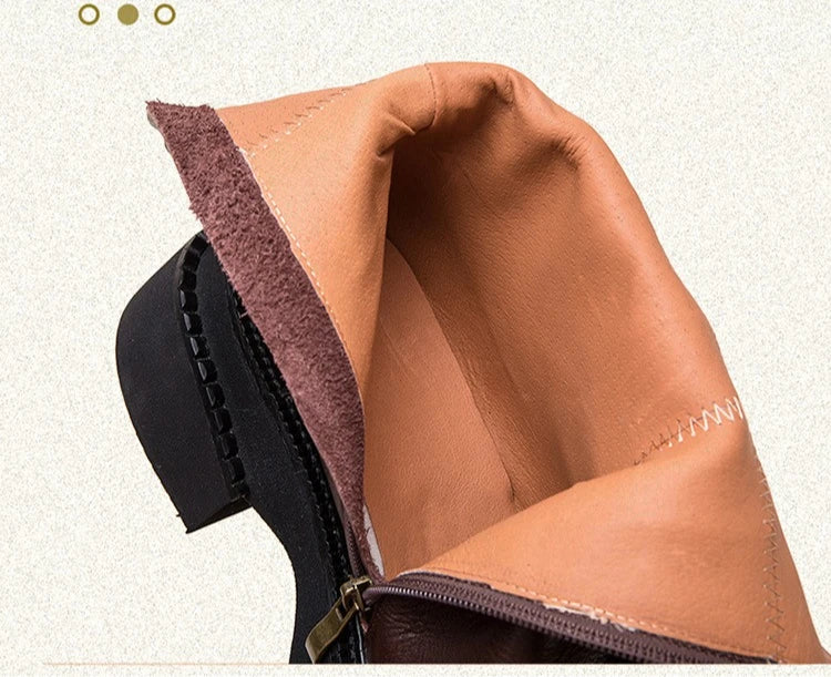 6.5cm Cow Genuine Leather Women Ankle Knee Motorcycle Booties Boots Chunky Heels Platform Wedge Shoes Chimney High ZIP Spring