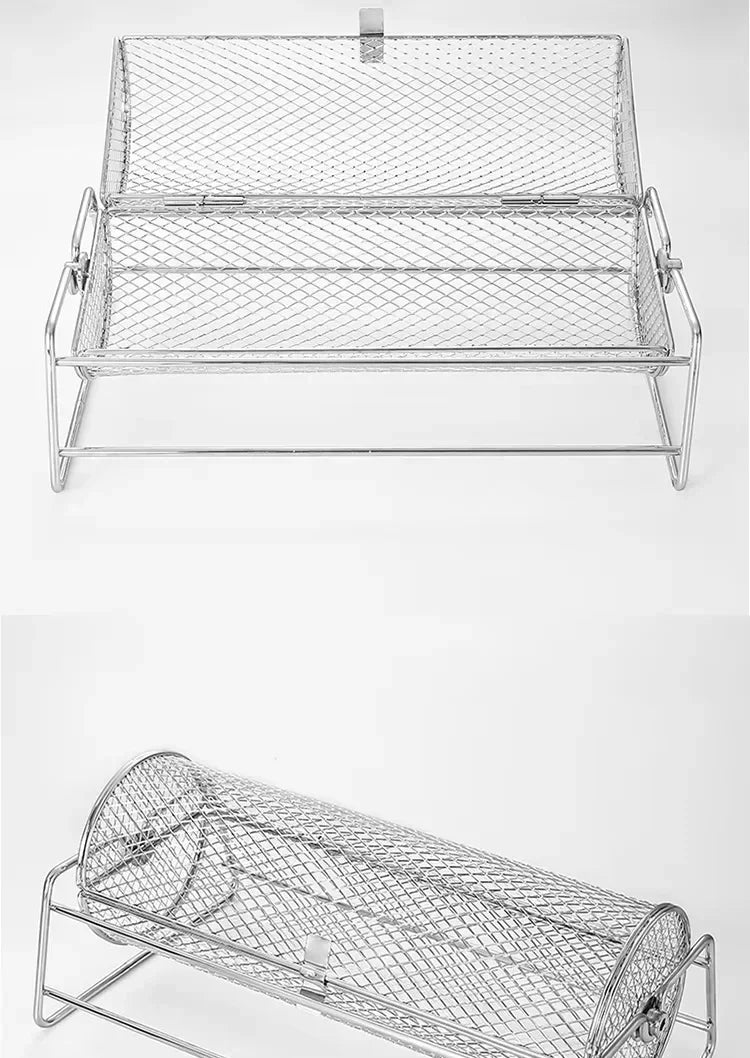 Stainless Steel Rolling BBQ Grill Manual Rotating Barbecue Cage with Base Rotisserie Basket Roll Barbecue Cage Outdoor Roaster