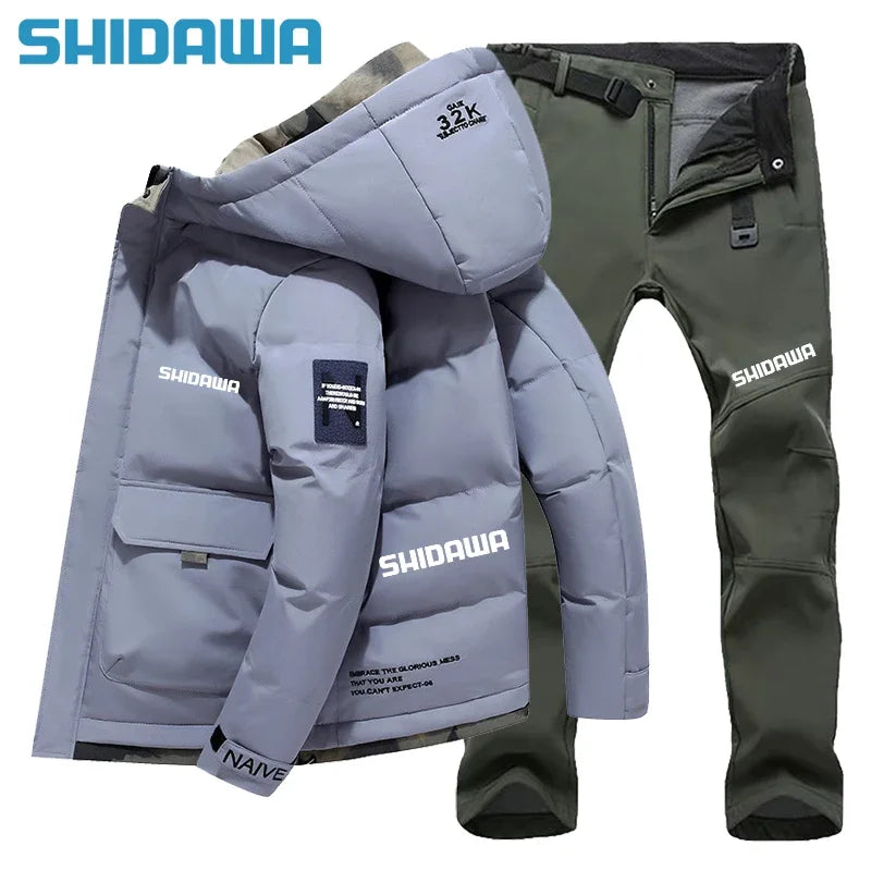 New Men suit Autumn Winter Warm Fishing Clothes Set Casual Thickened Hooded Down Cotton Jacket + Fleece Waterproof Fishing Pants