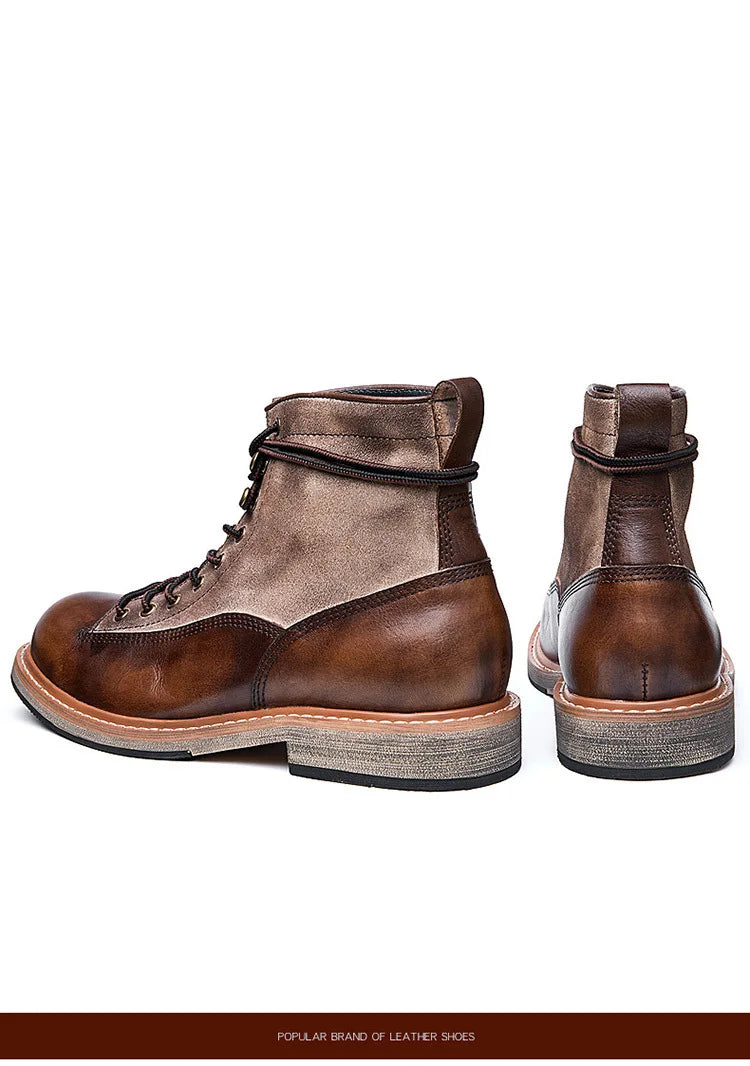 Retro Leather Men Motorcycle Boots High Top Motorbike Riding Boots Fashion Comfortable Ankle Boots Trekking Outdoor Shoes Brown