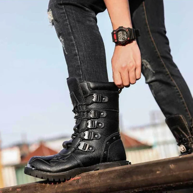Men's Motorcycle Boots Outdoor Boots Four Season Fashion Cycling Shoes High Top Mens Casual Boot PU Leather Boots Plus Size 46