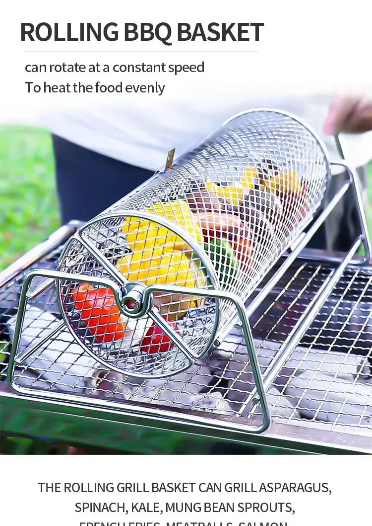 Stainless Steel Rolling BBQ Grill Manual Rotating Barbecue Cage with Base Rotisserie Basket Roll Barbecue Cage Outdoor Roaster