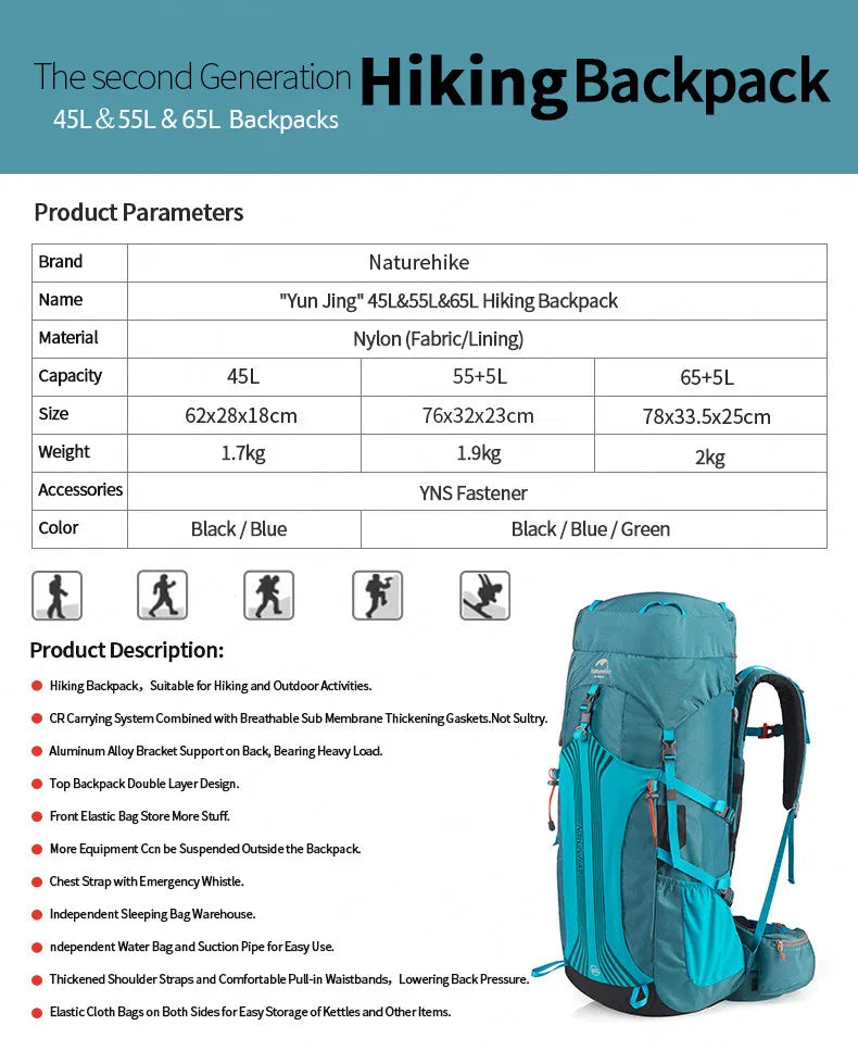 Naturehike Outdoor Hiking Bag Professional Large Capcity Backpack Suspension System Camp Climbing Backpack With Waterproof Cover